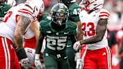 Michigan State's Chance Rucker celebrates after a defensive stop against Nebraska during the third quarter on Saturday, Nov. 4, 2023, at Spartan Stadium in East Lansing.