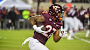 Sep 13, 2025; Blacksburg, Va.; Virginia Tech running back Marcellous Hawkins (27) runs after a catch during the second quarter.