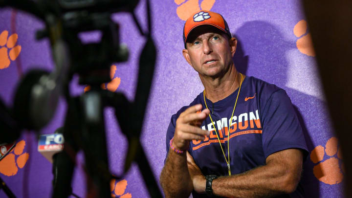 Clemson head coach Dabo Swinney talks with media in the media room at Memorial Stadium in Clemson, Saturday, August 10, 2024.