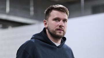 Feb 20, 2025; Portland, Oregon, USA; Los Angeles Lakers guard Luka Doncic (77) walks to the locker room before a game against the Portland Trail Blazers at Moda Center. Mandatory Credit: Troy Wayrynen-Imagn Images