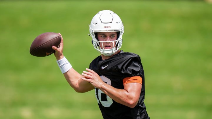 Texas Longhorns Arch Manning, 16, during the first fall football camp practice for the Texas Longhorns at Denius Fields on Wednesday, July 31, 2024.