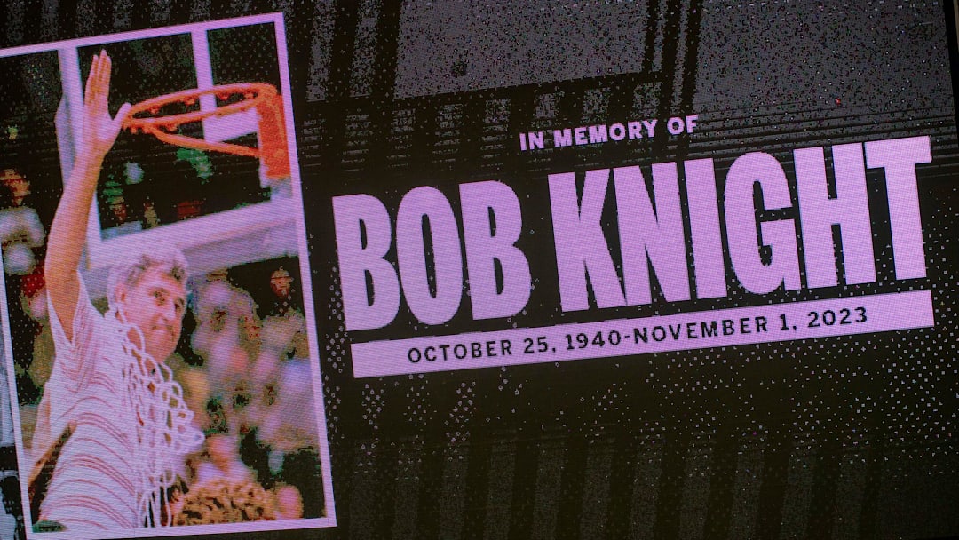 Former Indiana Head Coach Bob Knight is honored with a moment of silence before the Indiana versus Northwood women's basketball game at Simon Skjodt Assembly Hall on Wednesday, Nov. 1, 2023.