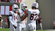 Sep 20, 2025; Blacksburg, Va.; Virginia Tech tight end Benji Gosnell (82) congratulates wide receiver Ayden Greene (0) on a touchdown.