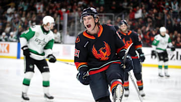 Coachella Valley Firebirds forward Ryan Winterton (27) celebrates a first period goal againstTexas Stars at Acrisure Arena in Palm Desert, Calif., on Wed., March 20, 2024.
