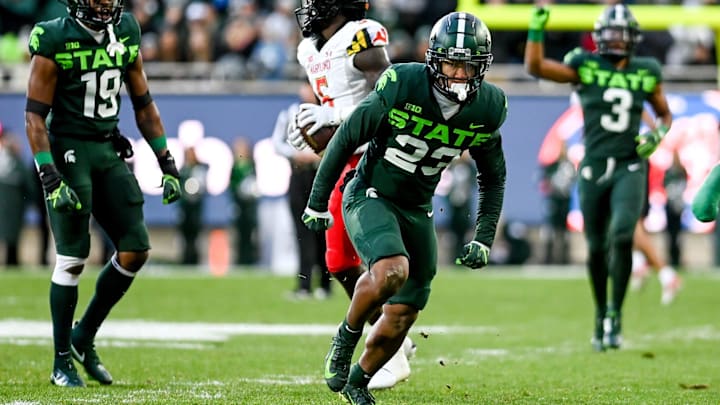 Michigan State's Darius Snow celebrates after a stop during the first quarter in the game against Maryland  on Saturday, Nov. 13, 2021, at Spartan Stadium in East Lansing.

211113 Msu Maryland 057a
