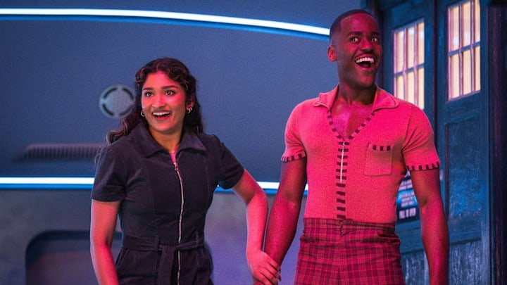 Doctor Who. Image shows Belinda Chandra (Varada Sethu) The Doctor (Ncuti Gatwa) Credit: Lara Cornell/BBC Studios/Disney/Bad Wolf