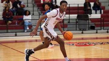 Germantown Mavericks' center Sam Funches (32) drives the ball down the court during the game against the Tupelo Golden Wave at Germantown High School in Madison, Miss., on Tuesday, Jan. 30, 2024.