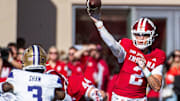 Indiana's Tayven Jackson (2) passes during the Indiana versus Washington football game at Memorial Stadium on Oct. 26, 2024.