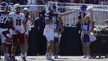 Northwestern Wildcats wide receiver Frank Covey IV signals after a first down against Miami (OH) on August 31, 2024.
