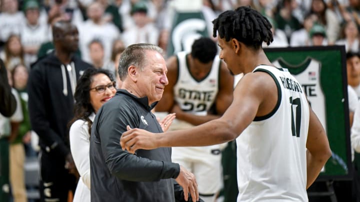 Michigan State's head coach Tom Izzo, left, hugs A.J. Hoggard during the senior night celebration after the game against Northwestern on Wednesday, March 6, 2024, at the Breslin Center in East Lansing.