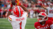 Maryland's Kaden Prather (1) catches the touchdown during the Indiana versus Maryland football game at Memorial Stadium on Saturday, Sept. 28, 2024.