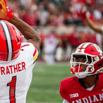 Maryland's Kaden Prather (1) catches the touchdown during the Indiana versus Maryland football game at Memorial Stadium on Saturday, Sept. 28, 2024.