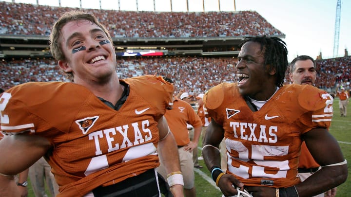 10/27/07; Texas' Jamaal Charles rushed for 296 yards and three touchdowns in the fourth quarter in helping the Horns defeat Nebraska 28-25 and celebrates after the game with QB Colt McCoy.