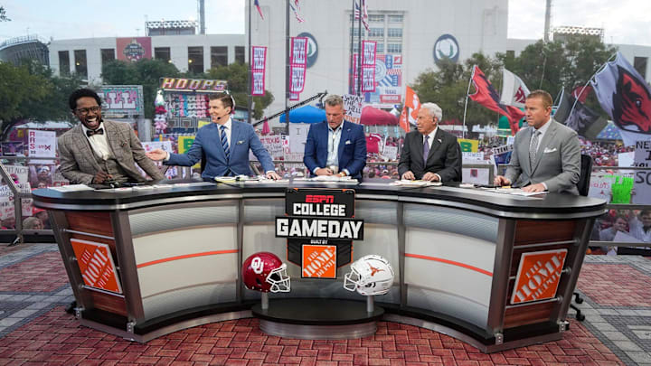 The Hosts of College Gameday during their show early morning before the NCAA college football game between Texas Longhorns Oklahoma Sooners at the Cotton Bowl on Saturday, Oct. 7, 2023 in Dallas, Texas. This game makes up the119th rivalry match up.