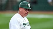 Michigan State's coach Jake Boss Jr. looks on during the sixth inning in the game against Michigan on Friday, April 15, 2022, at Jackson Field in Lansing.

220415 Msu Mich Baseball 144a