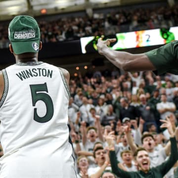 Michigan State's Cassius Winston celebrates after beating Ohio State on Sunday, March 8, 2020, at the Breslin Center in East Lansing. The Spartans won a share of the Big Ten Championship.

200308 Msu Osu 252a