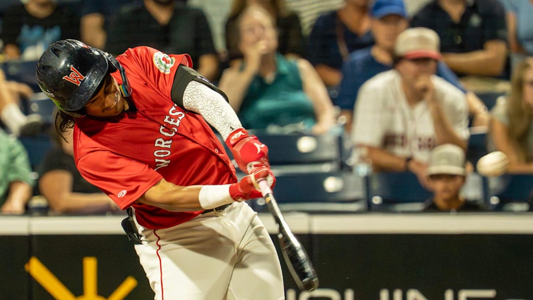 Worcester center fielder Jhostynxon Garcia hits a three-run double in the sixth inning against Lehigh Valley at Polar Park July 29.