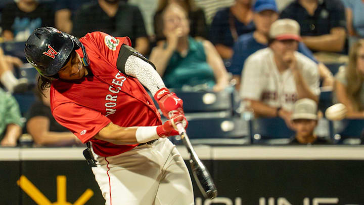 Worcester center fielder Jhostynxon Garcia hits a three-run double in the sixth inning against Lehigh Valley at Polar Park July 29.