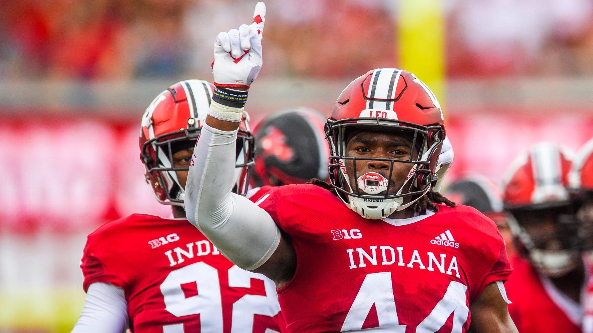 Indiana's Aaron Casey celebrates a backfield tackle during the Indiana versus Western Kentucky.