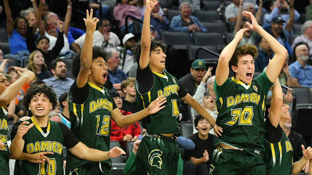 Damien boys basketball team celebrates 58-55 win over Folsom to take the CIF Division 1 boys championship March 13 at Golden 1 Center. 