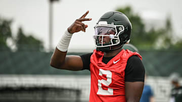 MSU QB Aidan Chiles seen Tuesday, July 29, 2025, during the first day of football practice at the Skandalaris Football Center.