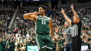 Michigan State's A.J. Hoggard celebrates a 3-pointer against Penn State during the first half on