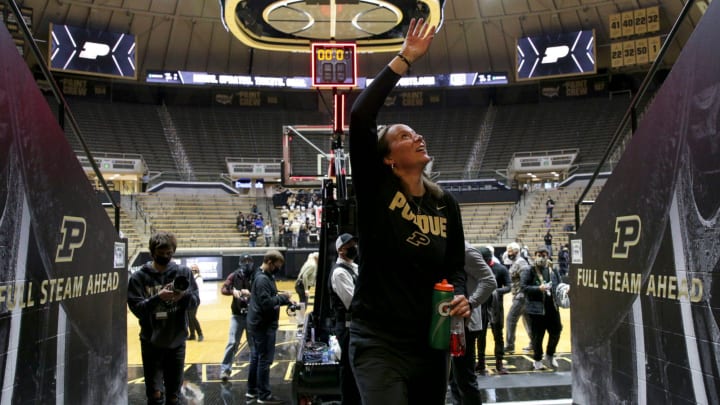 Purdue head coach Katie Gearlds walks off the court