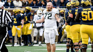 Michigan State's Mike Panasiuk is called for an unsportsmanlike conduct penalty during the fourth quarter on Saturday, Nov. 16, 2019, at Michigan Stadium in Ann Arbor.

191116 Msu Um 170a