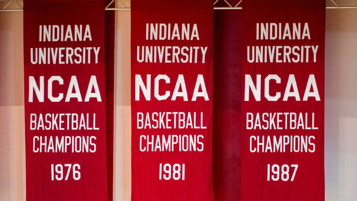 The three national championship banners from teams coached by Bob Knight at Indiana University in Bloomington.