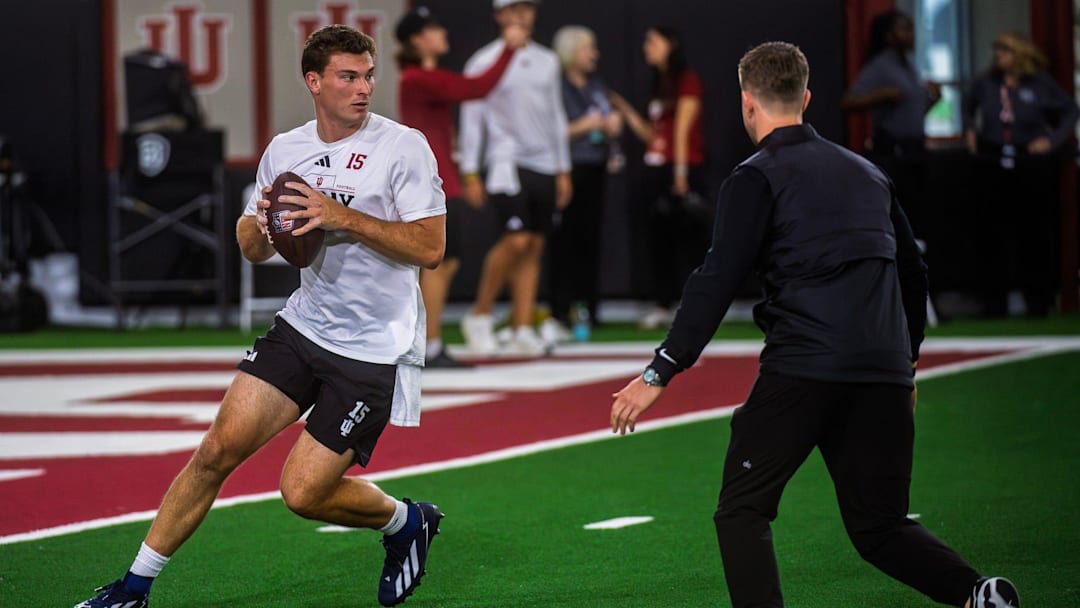 Fernando Mendoza participates in Indiana University's Pro Day at Mellencamp Pavilion on Wednesday, April 1, 2026.