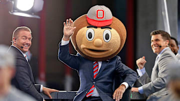 Former Indiana coach Lee Corso picks the Ohio State Buckeyes for the win over his former Hoosiers on ESPN's College Game Day before Thursday's NCAA Division I football game at Memorial Stadium in Bloomington, Ind., on August 31, 2017.