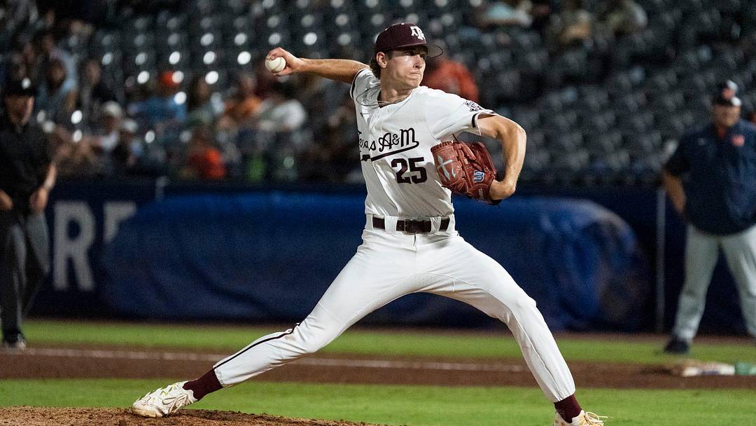 Texas A&M Aggies' Clayton Freshcorn pitches as the Auburn Tigers take on the Aggies during the SEC baseball tournament at Hoover Metropolitan Stadium in Hoover, Ala., on Friday, May 22, 2026.