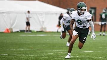 MSU WR Nick Marsh runs during drills, Tuesday, July 29, 2025, during the first day of football practice at the Skandalaris Football Center.
