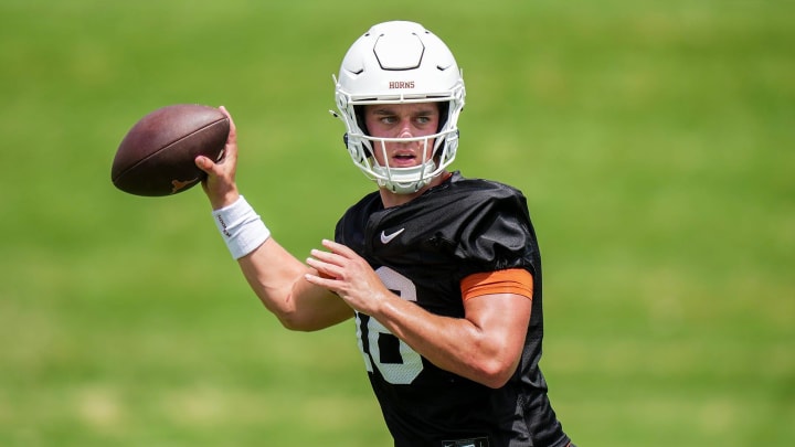 Texas Longhorns Arch Manning, 16, during the first fall football camp practice for the Texas Longhorns at Denius Fields on Wednesday, July 31, 2024.