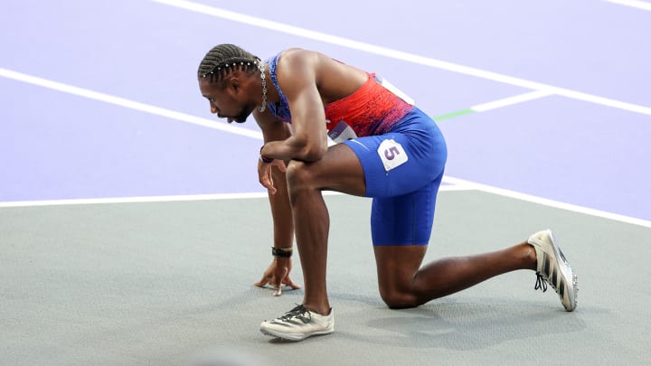 Noah Lyles after running the 200-meter at the Paris Games. He won bronze