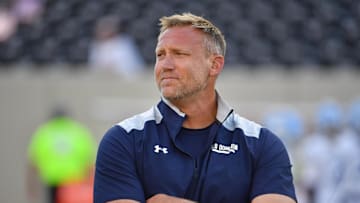 Sep 13, 2025; Blacksburg, Virginia, USA; Old Dominion Monarchs head coach Ricky Rahne before the game at Lane Stadium. Mandatory Credit: Brian Bishop-Imagn Images