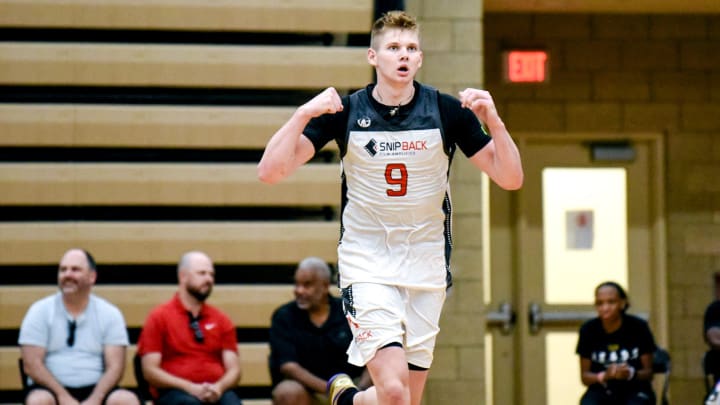 Team Snip Back and Michigan State's Jaxon Kohler celebrates after scoring against Team 5 Star Zone during the Moneyball Pro-Am championship on Thursday, Aug. 3, 2023, at Holt High School.