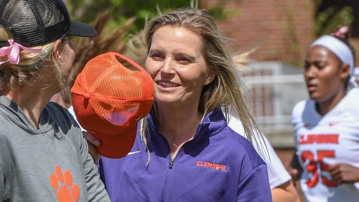 April 1, 2023, Clemson, South Carolina, USA; Clemson Tigers head coach Allison Kwolek before the Pink Game on Senior Day against the Louisville Cardinals at Riggs Field. 