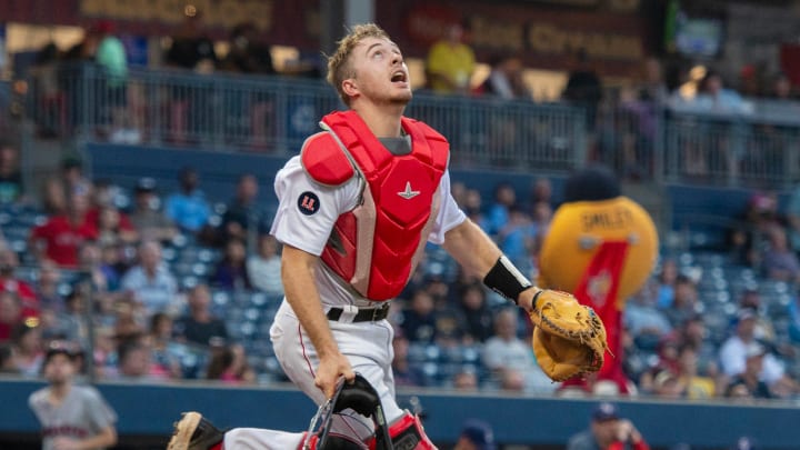 Worcester catcher Kyle Teel chases an infield fly ball against Lehigh Valley at Polar Park Tuesday.