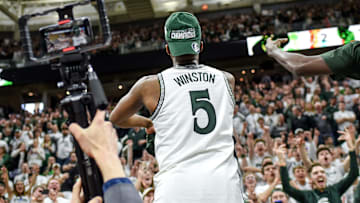 Michigan State's Cassius Winston celebrates after beating Ohio State on Sunday, March 8, 2020, at the Breslin Center in East Lansing. The Spartans won a share of the Big Ten Championship.

200308 Msu Osu 252a
