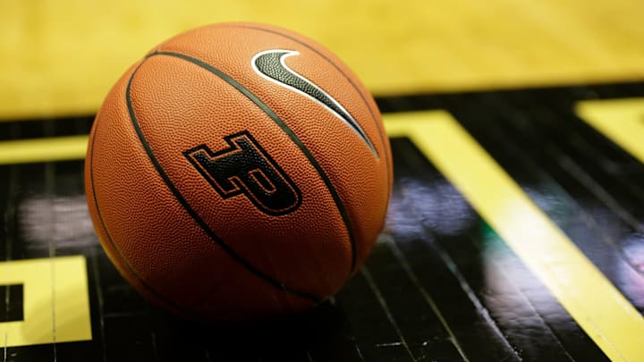 A Nike Basketball with a Purdue logo sits on the court of Mackey Arena A Nike Basketball with a Purdue logo sits on the court of Mackey Arena