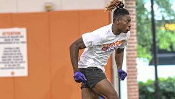 Cederian Morgan, Class of 2026 wide receiver of Benjamin Russell High school in Alexander City, Alabama runs a route during the 2024 Dabo Swinney Football Camp in Clemson in Clemson June 5, 2024.