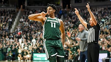 Michigan State's A.J. Hoggard celebrates a 3-pointer against Penn State during the first half on