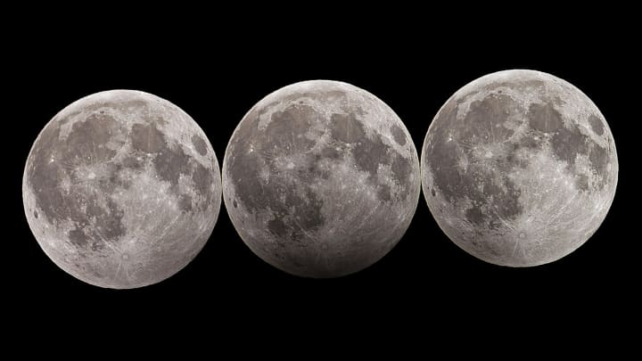 Composite image showing moon before, during, and after a penumbral lunar eclipse.