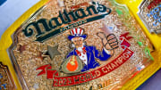 Nathan's Hot Dog Eating champion Joey Chestnut's belt before the Lugnuts game against the TinCaps on Thursday, Aug. 10, 2023, at Jackson Field in Lansing. Chestnut was participating in an olive burger eating contest before the game.