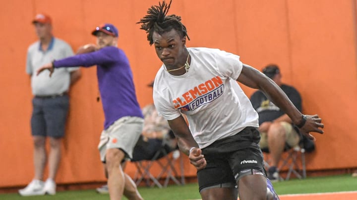 Jordon Gidron, Class of 2026 wide receiver from Ridge View High in Columbia, S.C., runs a receiver route during the 2024 Dabo Swinney Football Camp in Clemson in Clemson, S.C. Tuesday, June 4, 2024.