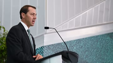 Michigan State University Athletic Director J Batt speaks, Wednesday, June 4, 2025, after being introduced as the Spartan’s new athletic director.