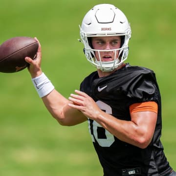 Texas Longhorns Arch Manning, 16, during the first fall football camp practice for the Texas Longhorns at Denius Fields on Wednesday, July 31, 2024.