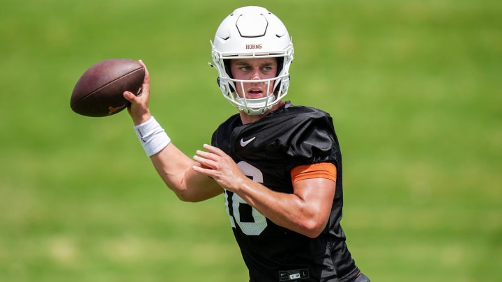 Texas Longhorns Arch Manning, 16, during the first fall football camp practice for the Texas Longhorns at Denius Fields on Wednesday, July 31, 2024.