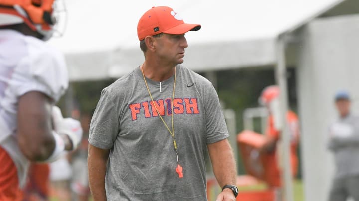 Clemson head coach Dabo Swinney during the Clemson first football August practice in Clemson, S.C. Thursday August 1, 2024.